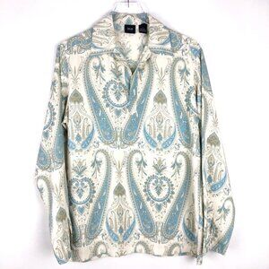 Silk Icon Paisley Print Split Neck Collared Tunic Shirt. Cream/Blue/Tan. Unisex